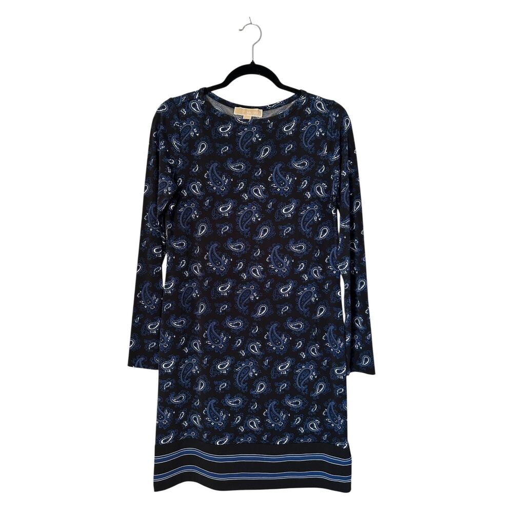 Michael Michael Kors Dress Size S Blue Black Paisley Shift Long Sleeve Stretch